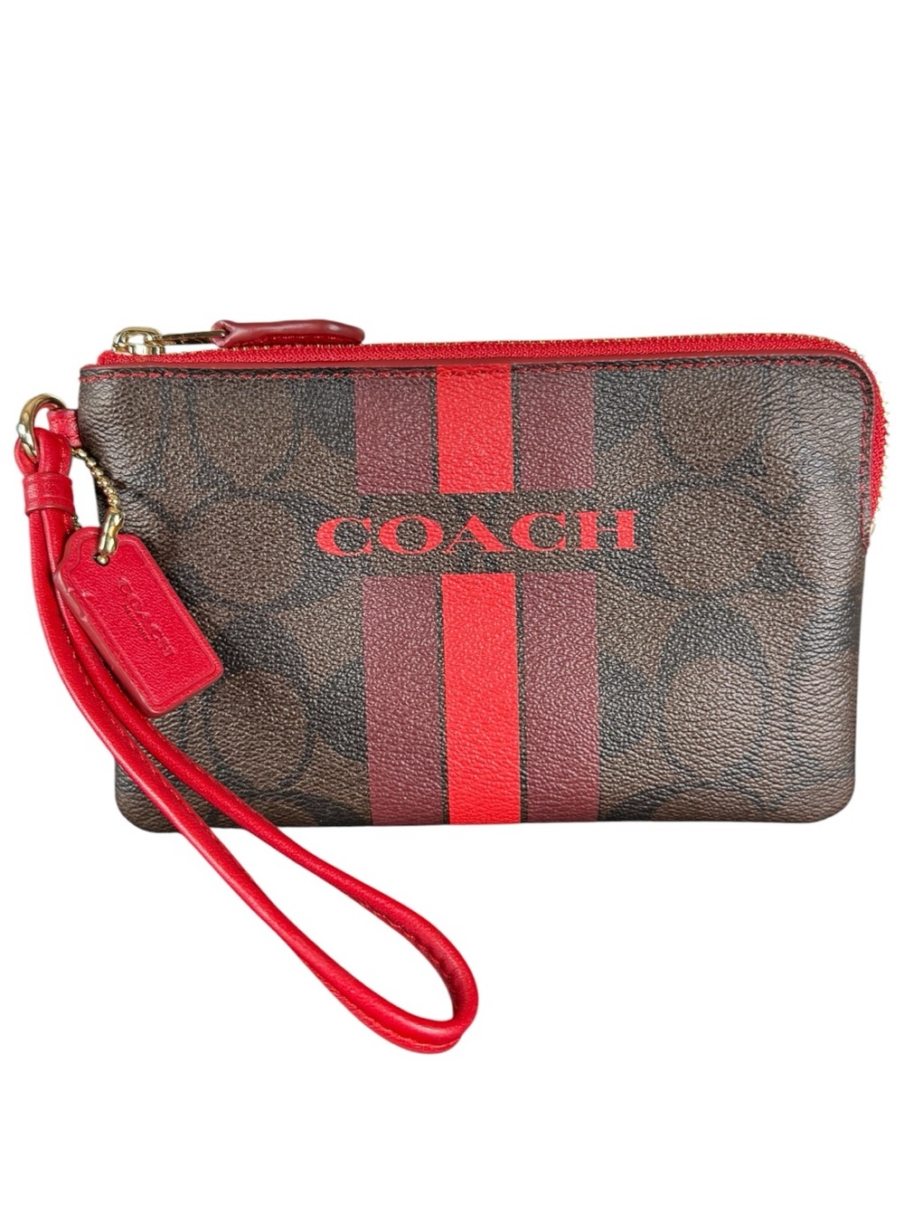 COACH Corner Zip Wristlet in Signature Canvas with Varsity Stripe